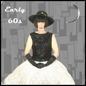 Vintage Black Sequin Tank Top Rayon Crochet Boatneck Shell, Formal Crop Top VFG